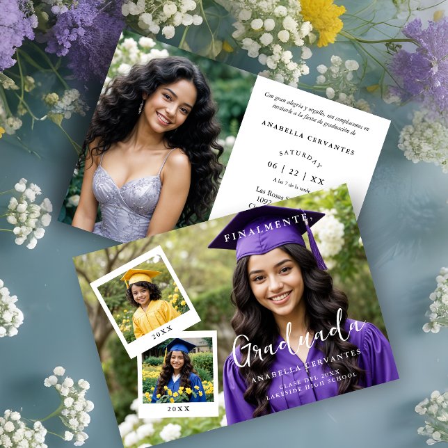 Convite Exquisite Spanish Script Collage 4 Photos Timeline (Exquisite Spanish Script Collage 4 Photos Timeline Graduation Party Invitation Card with Funny Quote)