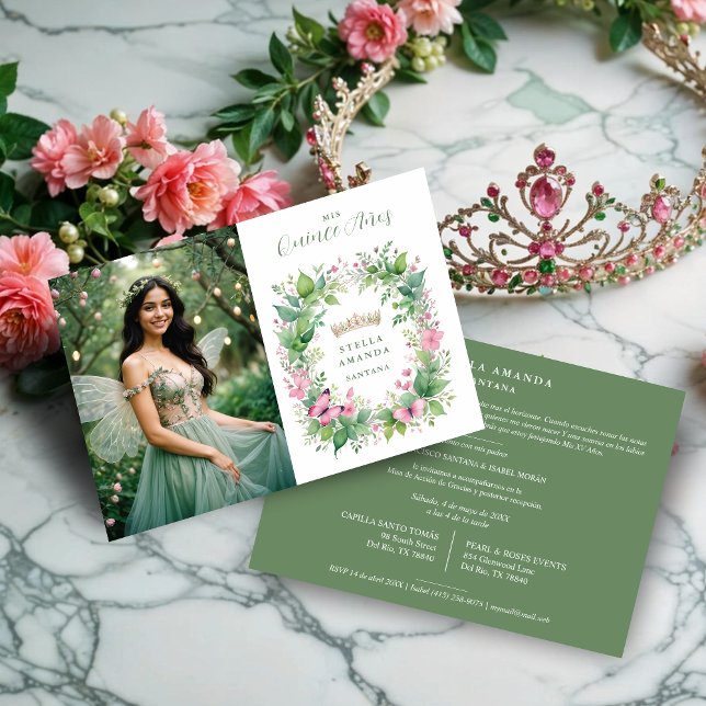 Convite Exquisite Spring Tiara Green & Pink Floral Spanish (Exquisite Spring Tiara Green & Pink Floral Spanish Quinceañera Photo Invitations Cards. )