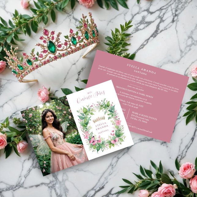 Convite Exquisite Spring Tiara Pink & Green Floral Spanish (Exquisite Spring Tiara Pink & Green Floral Spanish Quinceañera Photo Invitations Cards.)