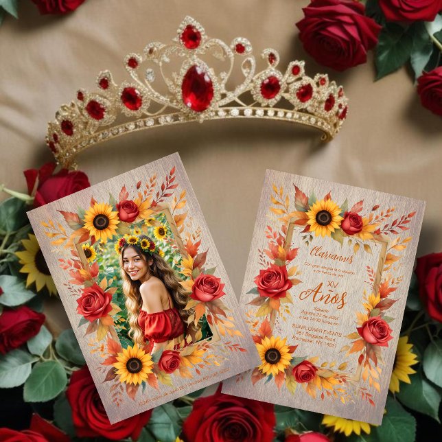 Convite Exquisite Wood Botanical Frame Spanish Photo XVs (Exquisite Summer Rustic Wood Botanical Frame Spanish Photo Quineañera Invitations Cards.)