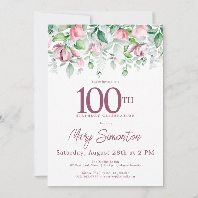 Convite Exquisito Aniversário de 100 anos em tons de Mauve (Frente)