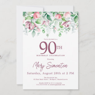 Convite Exquisito Floral Rosa Mauve Aniversário de 90 anos