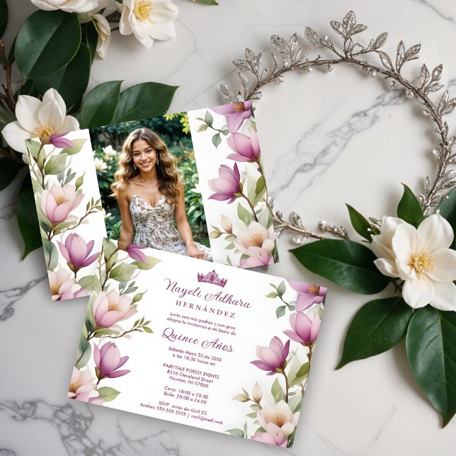 Convite Exuberant Lovely Spring Magnolia Frame Garlands  (Exuberant Lovely Spring Magnolia Frame Garlands Spanish Photo Mis XV Invitations Cards in Pink.)