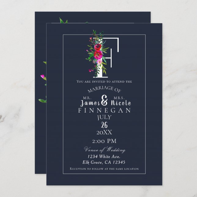 Convite F Monograma Último Casamento Floral Azul Moderno I (Frente/Verso)