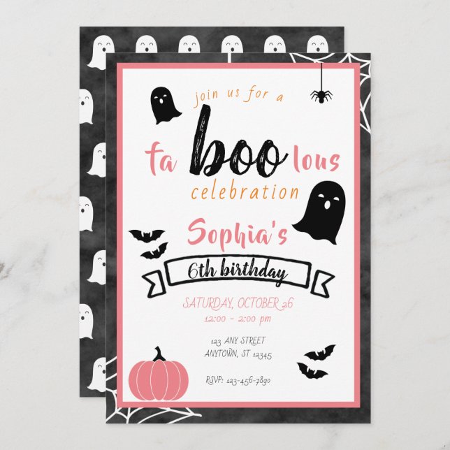 Convite Fa"boo"lous Girls Birthday Ghost Halloween (Frente/Verso)