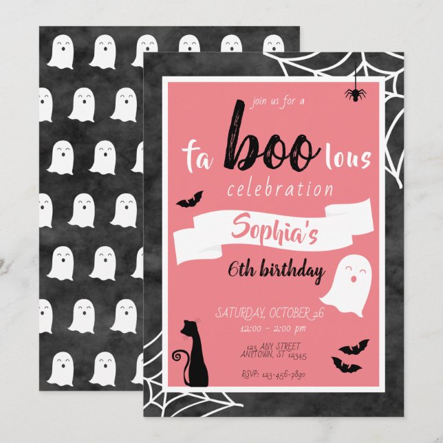 Convite Fa"boo"lous Girls Birthday Ghost Halloween Invitat (Frente/Verso)