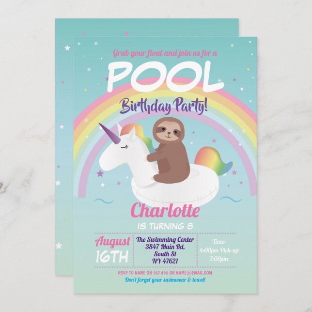 Convite Fábrica de Aniversário do Piscina Sloth Rainbow (Frente/Verso)