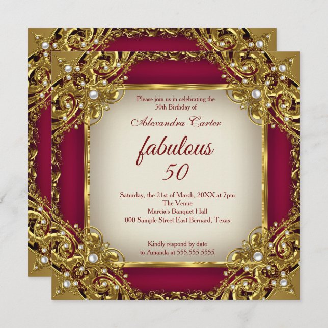 Convite Fabulosa 50ª Foto Burgundy, Dourado Partido Beige  (Frente/Verso)