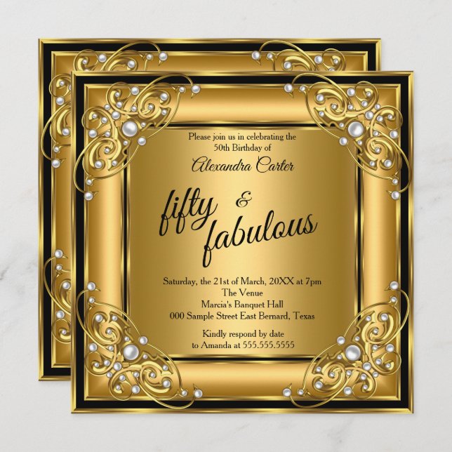 Convite Fabulosa 50ª Foto, Dourada festa de aniversário (Frente/Verso)