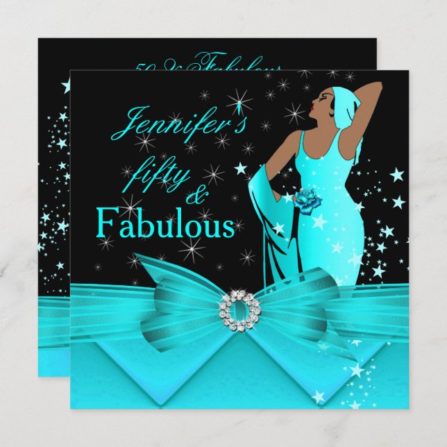 Convite Fabulosa 50 Teal Glamorous Retro Woman Aniversário (Frente/Verso)