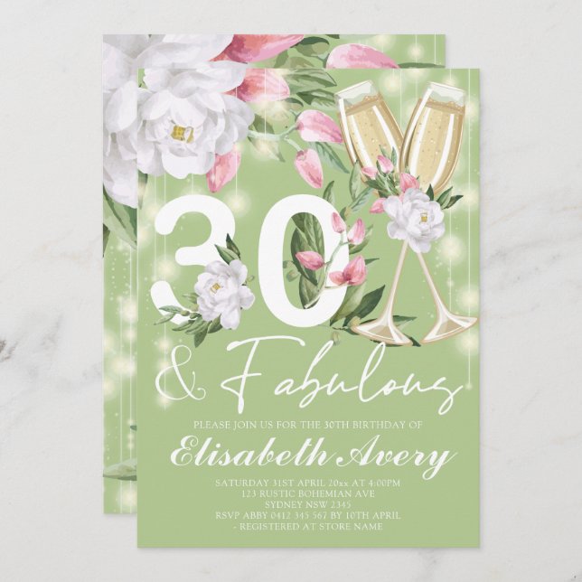 Convite Fabulosa aniversário de 30 anos Floral de luxo (Frente/Verso)