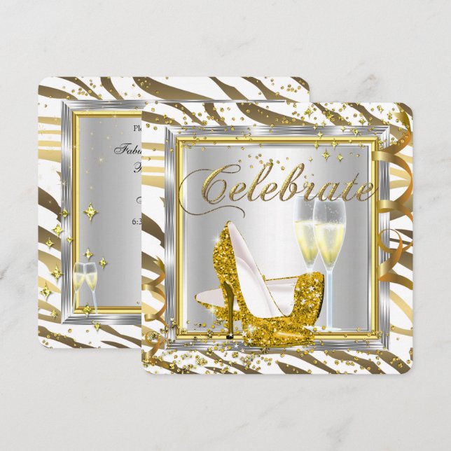 Convite Fabulosa Faixa de Zebra Champanhe Dourado Prata Fe (Frente/Verso)