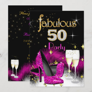 Convite Fabulosa Festa de 50 Anos Brilho Rosa Quente Champ