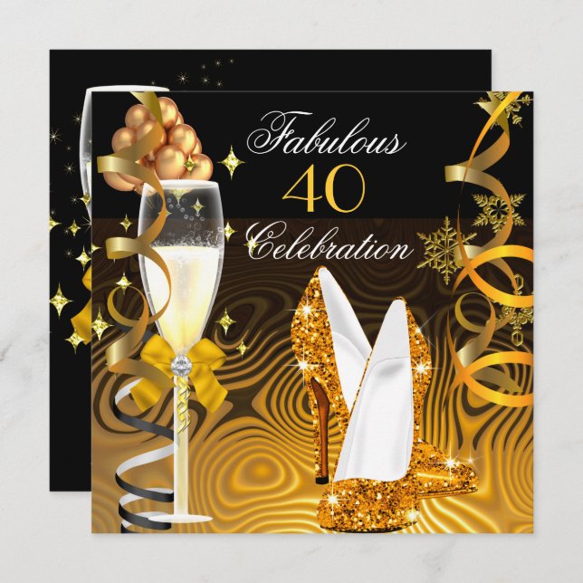 Convite Fabulosa Festa de aniversário amarela Dourada de 4 (Frente/Verso)