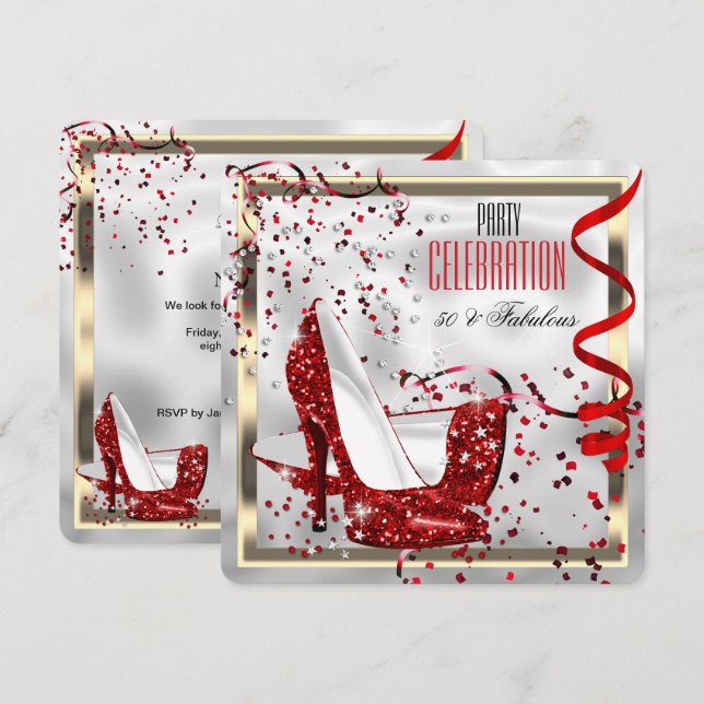 Convite Fabulosa Festa de aniversário Branca Vermelha 50 (Frente/Verso)