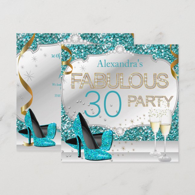Convite Fabulosa Festa de Aniversário com Brilho Turquesa  (Frente/Verso)