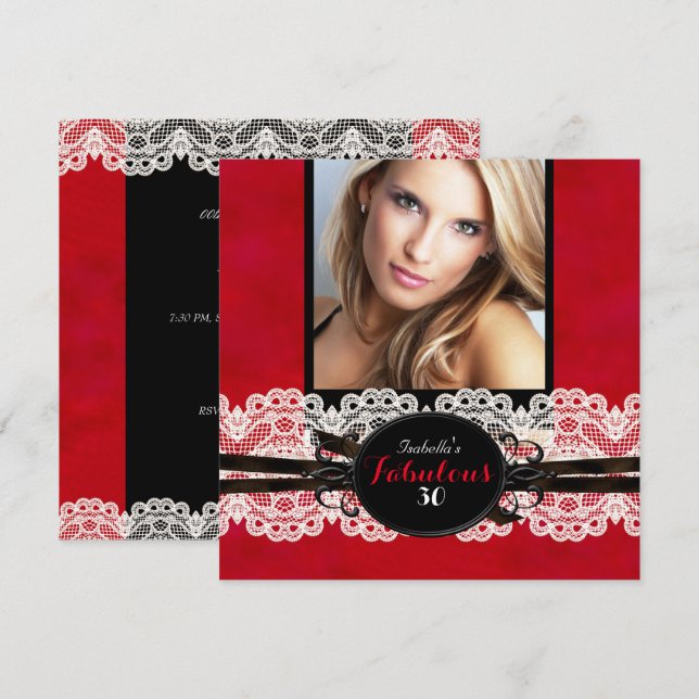 Convite Fabulosa Festa de Aniversário com Renda Preta e Ve (Frente/Verso)