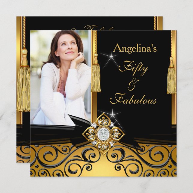 Convite Fabulosa Festa de aniversário de fotos Dourada de  (Frente/Verso)