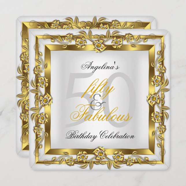 Convite Fabulosa Festa de aniversário Dourada Floral Branc (Frente/Verso)