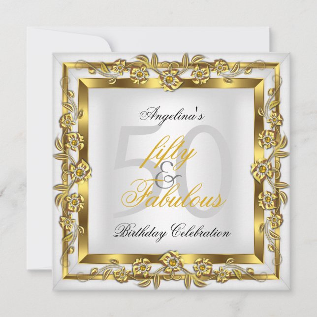 Convite Fabulosa Festa de aniversário Dourada Floral Branc (Frente)