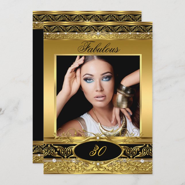 Convite Fabulosa Festa de aniversário Dourada Floral preto (Frente/Verso)
