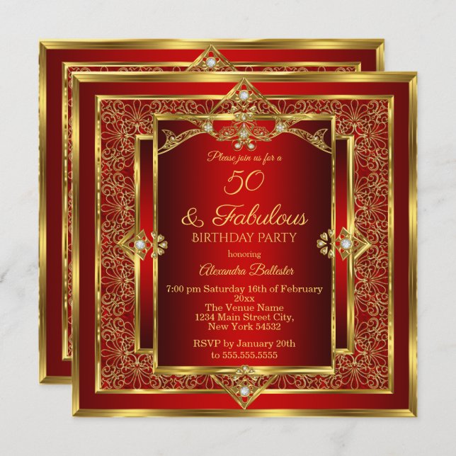 Convite Fabulosa Festa de aniversário Dourada Vermelha 50 (Frente/Verso)