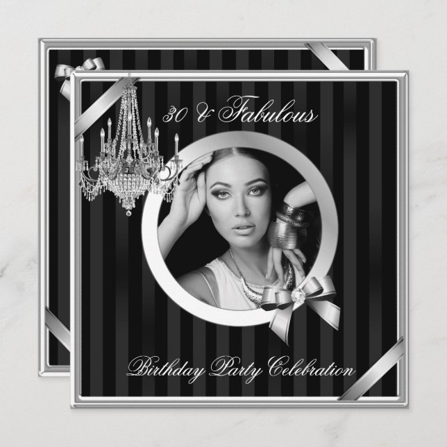 Convite Fabulosa Foto Negra Chandelier Silver 30 Elegante (Frente/Verso)