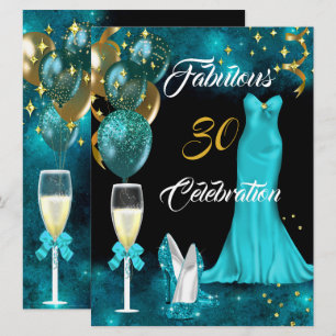 Convite Fabuloso 30 Champagne Festa Salto Azul Teal Dourad