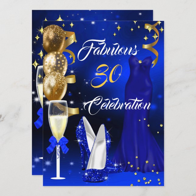 Convite Fabuloso 30 Festa de Champanhe Royal Blue Heels Do (Frente/Verso)