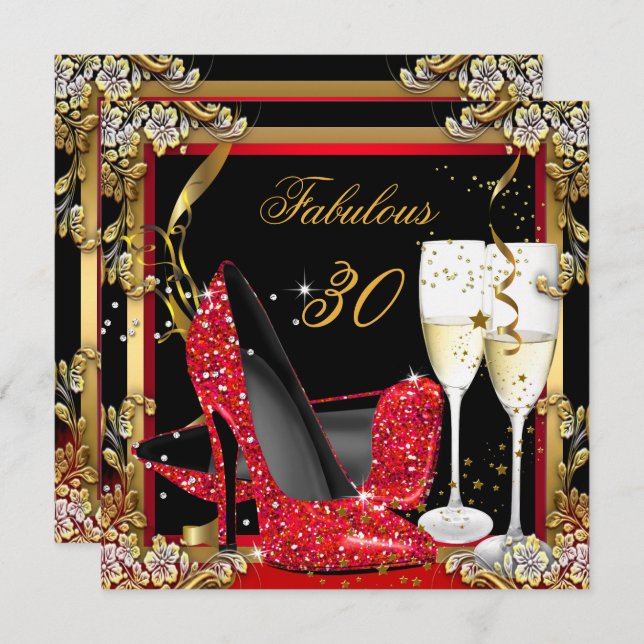 Convite Fabuloso 30 Red Heels, Dourado Partido do Champanh (Frente/Verso)