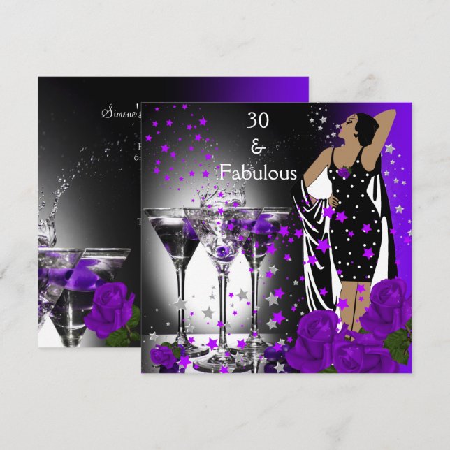 Convite Fabuloso 30 Rosas roxas aniversário de 30 anos Mar (Frente/Verso)