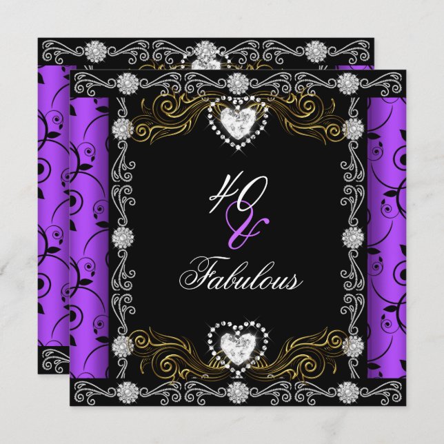 Convite Fabuloso 40 Damask Floral Purple Black 40th Party (Frente/Verso)