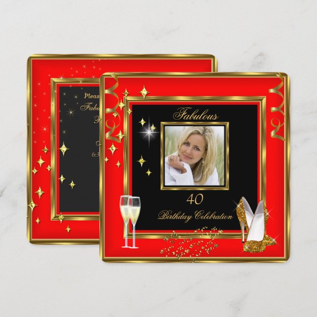 Convite Fabuloso 40 Foto Vermelho Dourado Chanéis de Champ (Frente/Verso)