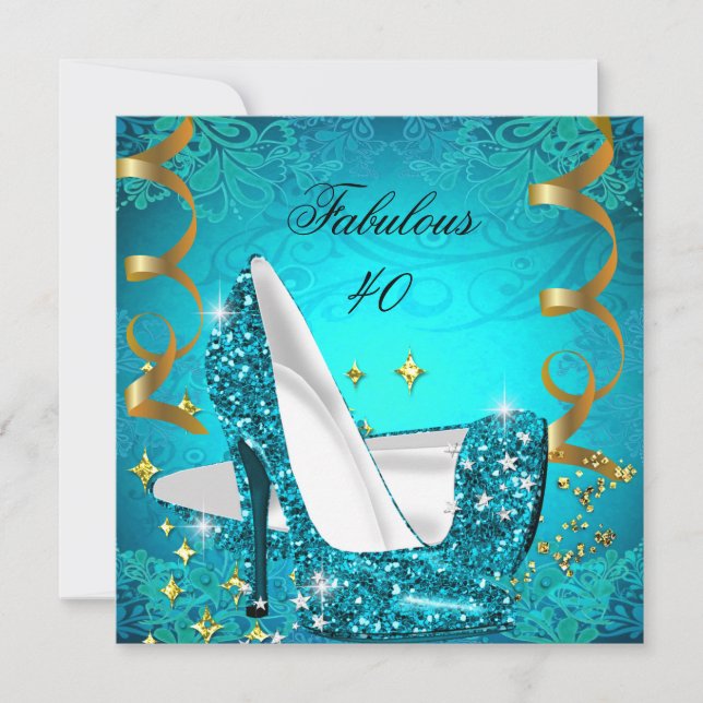 Convite Fabuloso 40 mulheres Teal Dourado Heels Aniversári (Frente)
