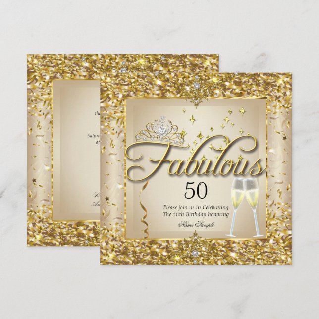 Convite Fabuloso 50º Aniversário com Champanhe Dourado (Frente/Verso)