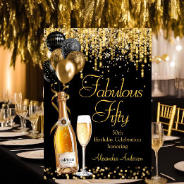 Convite Fabuloso 50º Brilho Dourado Champanhe Preto