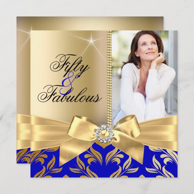 Convite Fabuloso 50º Folha Azul Dourada e Arco 50º Anivers (Frente/Verso)