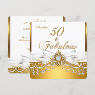 Convite Fabuloso 50 Aniversário em Damasco Branco Dourado