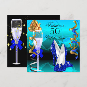 Convite Fabuloso 50 Azul Real Verde Água Dourado Aniversár