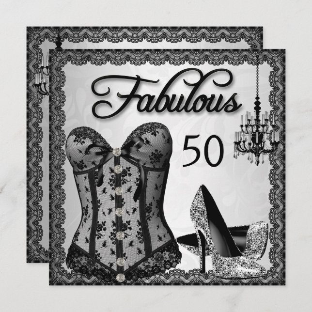 Convite Fabuloso 50 Black Silver Corset High Heels Party (Frente/Verso)