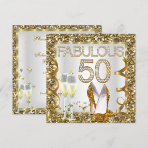 Convite Fabuloso 50 Brilho Branco Dourado Festa de Anivers
