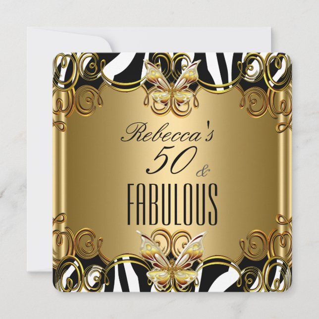 Convite Fabuloso 50 Bronze Dourado Preto Branco Zebra (Frente)