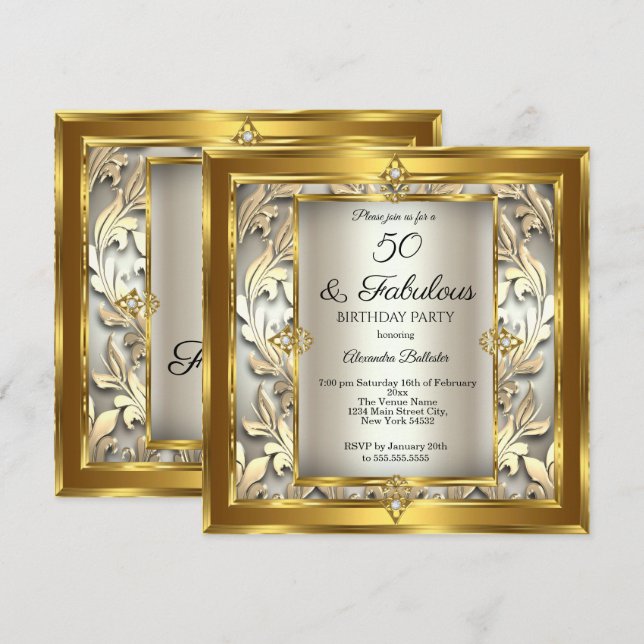 Convite Fabuloso 50 Cream Dourado floral Damask Aniversári (Frente/Verso)