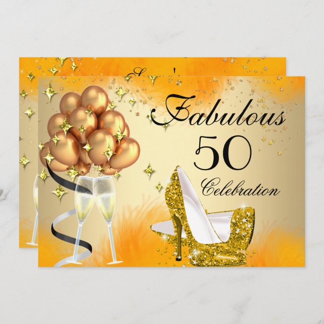 Convite Fabuloso 50 Creme Amarelo Dourado Aniversário (Frente/Verso)