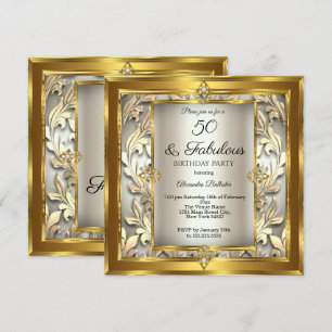 Convite Fabuloso 50 Creme Ouro floral Damasco Aniversário