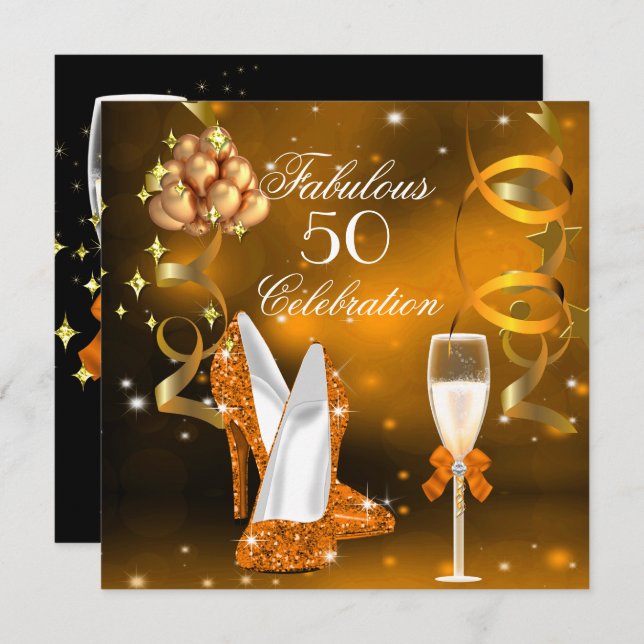Convite Fabuloso 50 Dourado Partido do Champanhe de Alto C (Frente/Verso)