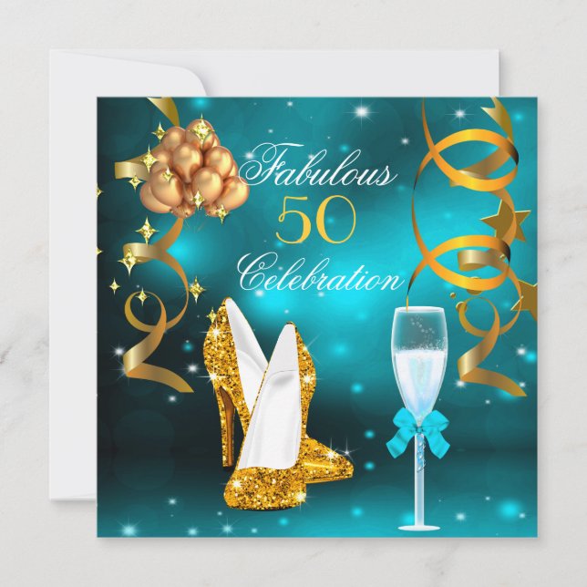 Convite Fabuloso 50 Dourado Turquesa Salão de Champagne de (Frente)