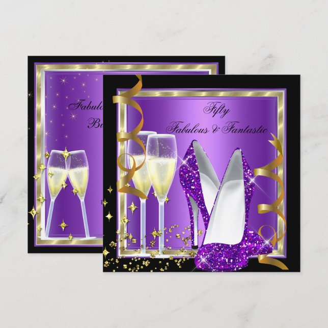 Convite Fabuloso 50 Fantástico Festa Roxo Dourado (Frente/Verso)