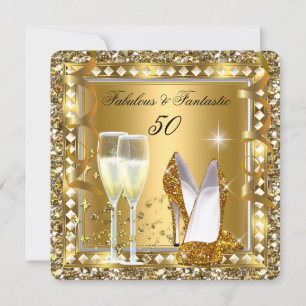 Convite Fabuloso 50 & Fantástico Glam Dourado Prata Aniver