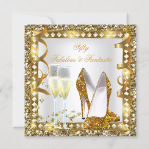 Convite Fabuloso 50 & Fantástico Glamour Dourado Branco de